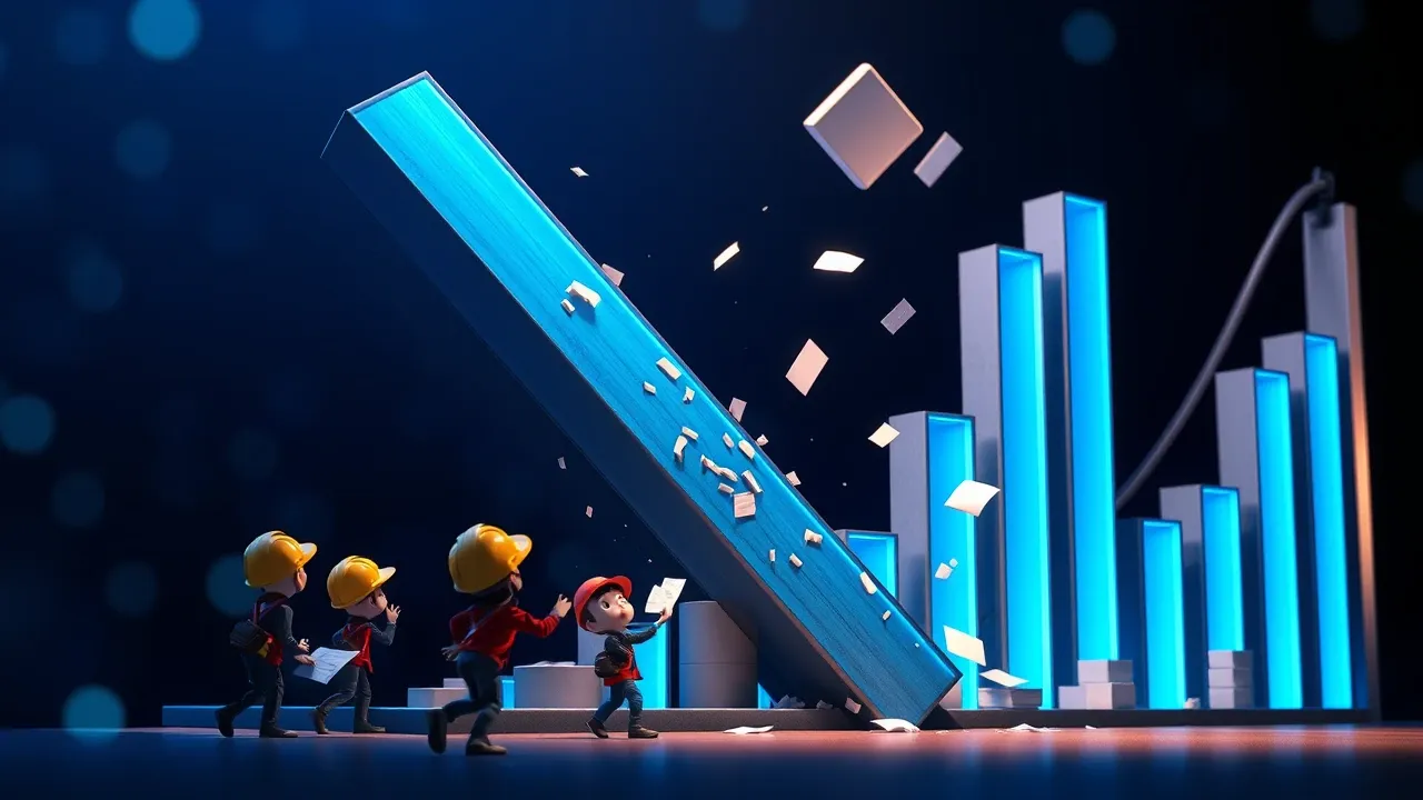 Gráficos de barras Pixar desabando dramaticamente enquanto personagens olham com espanto, papéis voando em câmera lenta