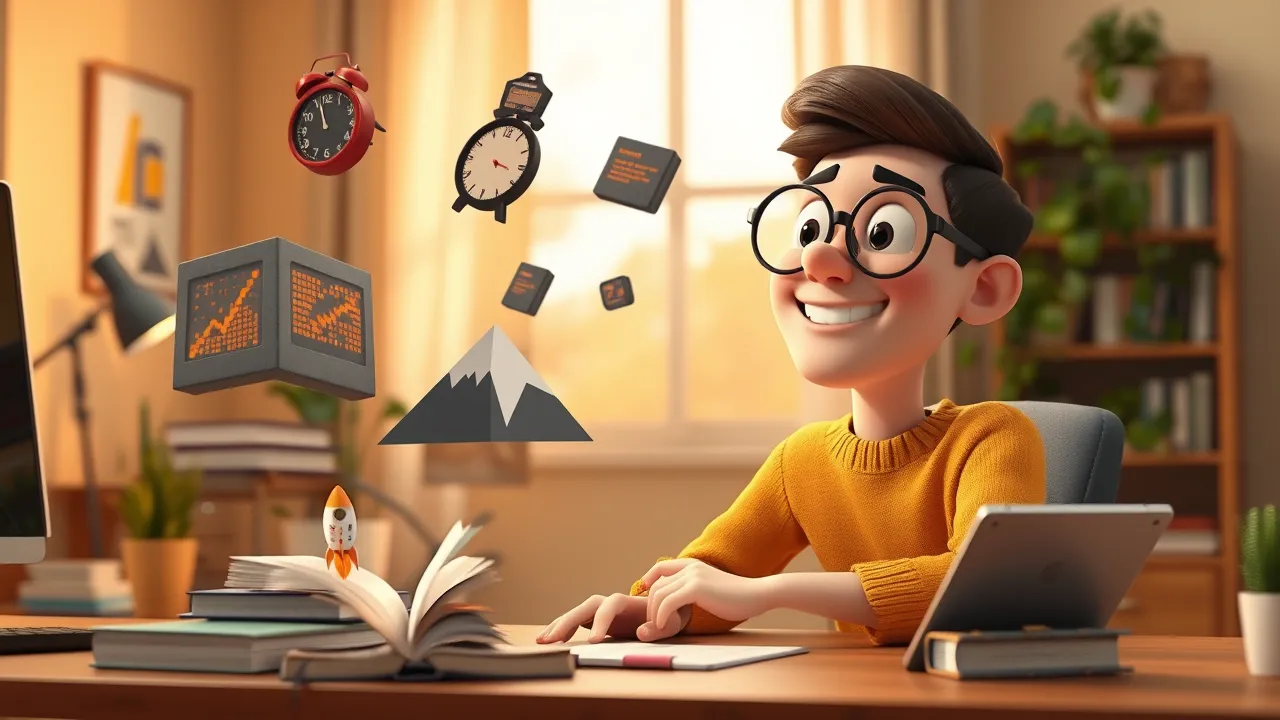 Personagem cartoon em mesa de estudo com livros, terminais brilhantes de código e relógio com motion blur, simbolizando aprendizado intenso.