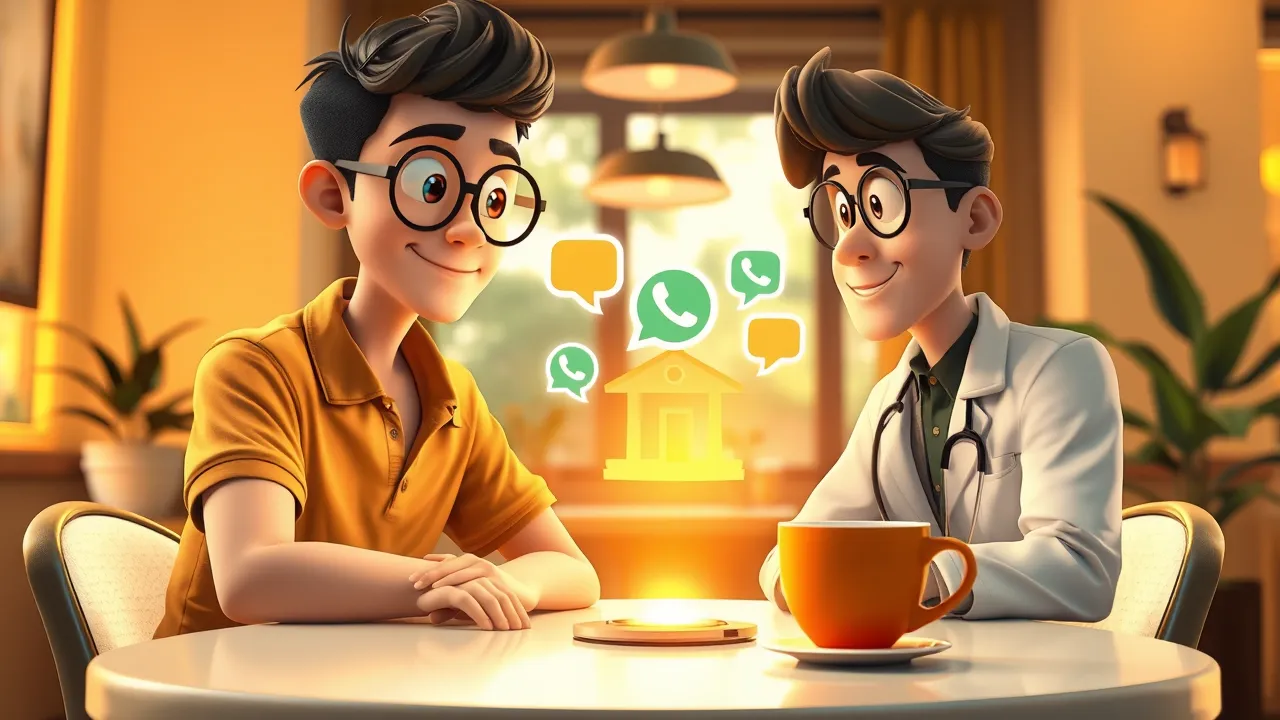 Vendedor cartoon inclinando-se na mesa de um café conversando com médico de jaleco branco, holograma de clínica entre eles.