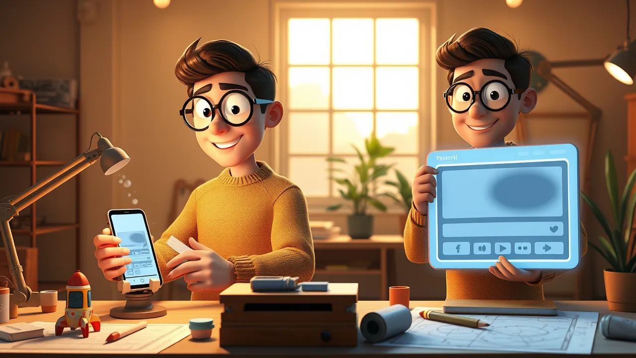 Dois personagens cartoon em mesas de trabalho lado a lado, um montando um smartphone com widgets, o outro montando uma janela de navegador com cartões de UI.