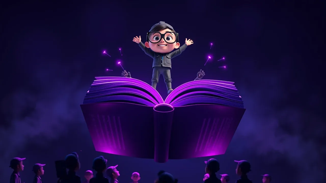 Personagem cartoon em cima de um livro luminoso com padrões de rede neural emanando páginas violeta