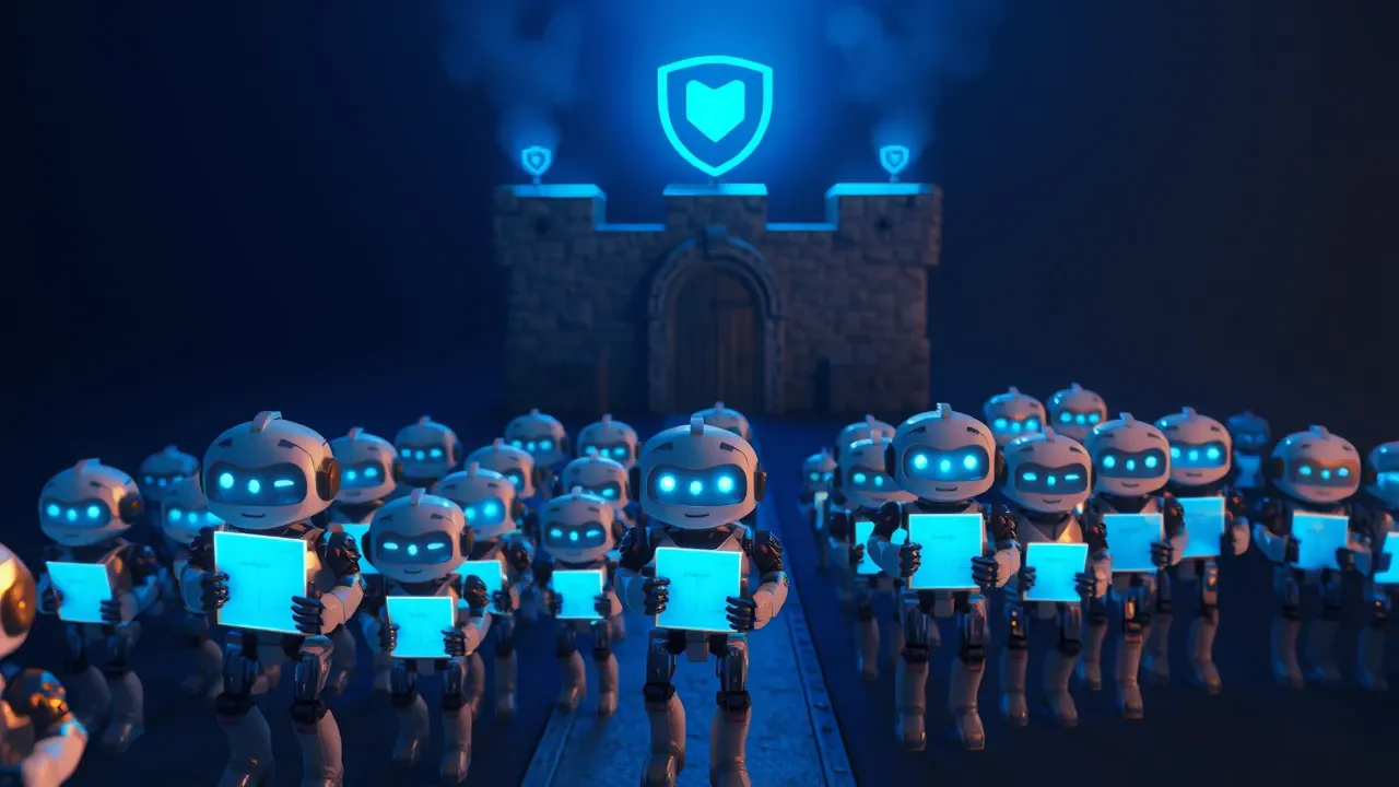Exercito de robôs IA Pixar marchando dramaticamente em formação, carregando documentos idênticos em direção a um portão de escudo