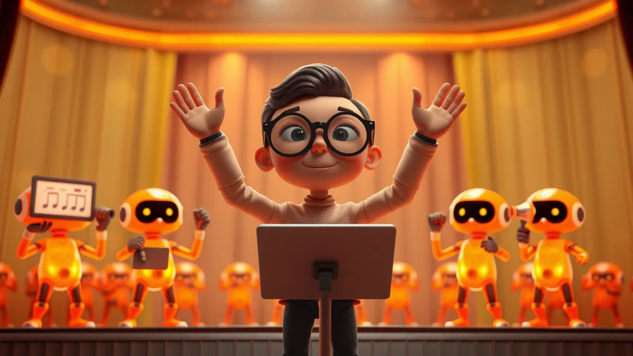 Personagem cartoon como maestro regendo IAs brilhantes em palco, cada uma segurando um instrumento diferente (laptop, prancheta, banco de dados).