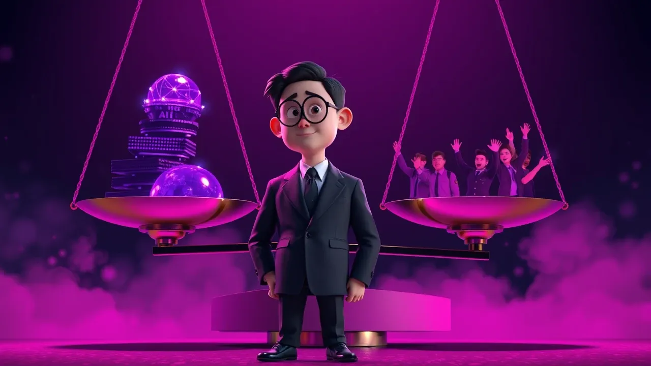 Pessoa de negócios cartoon com balança gigante equilibrando IA e trabalhadores humanos em iluminação violeta dramática