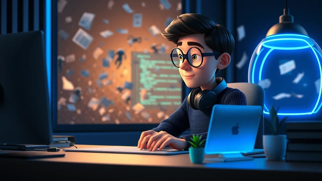 Criador Pixar focado revisando código com cuidado em mesa organizada, escudo de proteção ao redor enquanto caos de papéis voa ao fundo