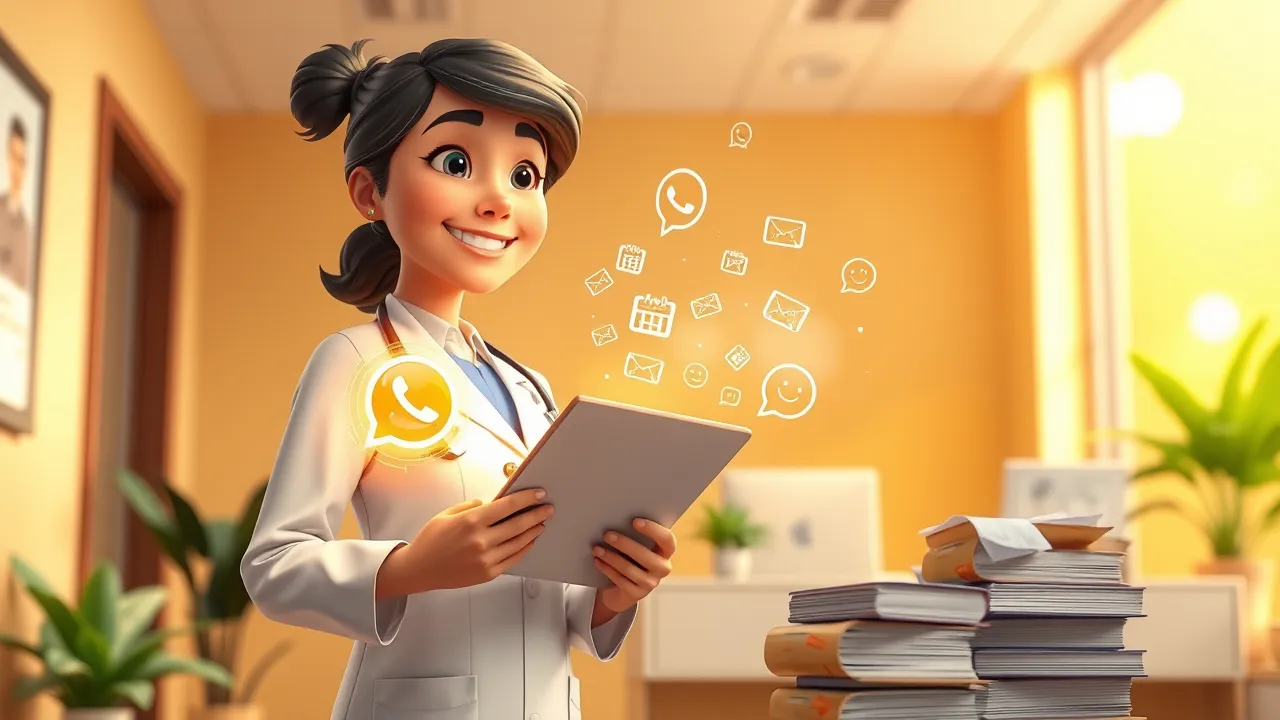 Médica cartoon segurando uma prancheta, com cartões de agendamento saindo de um chat WhatsApp brilhante ao lado.