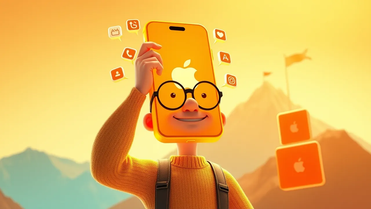 Personagem cartoon erguendo um smartphone gigante como troféu, com ícones de aplicativo orbitando.