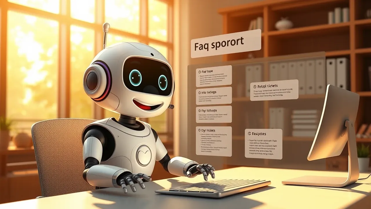 Ilustração de IA resolvendo tickets simples de atendimento com eficiência no estilo Pixar 3D