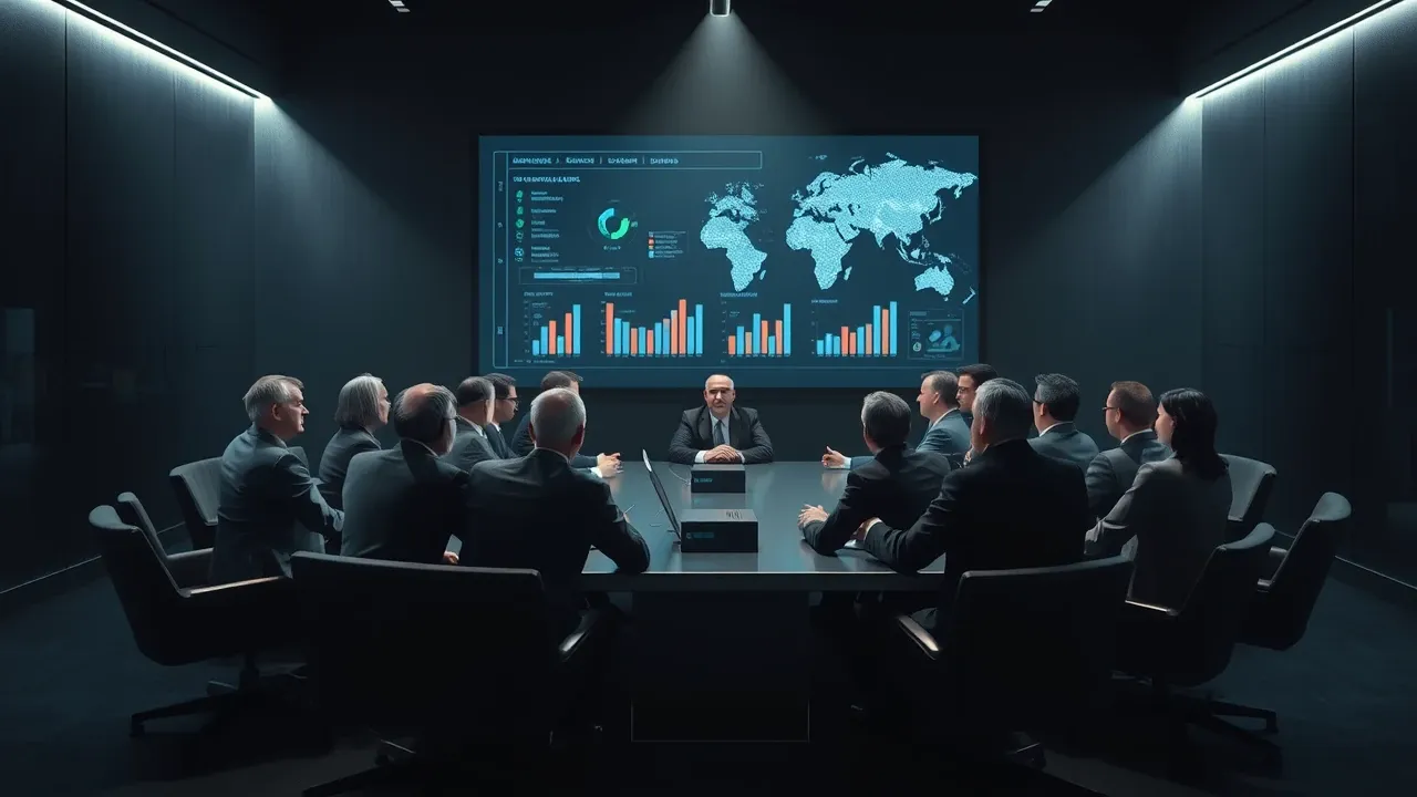 Líderes empresariais em reunião estratégica com projeção de resultados de IA