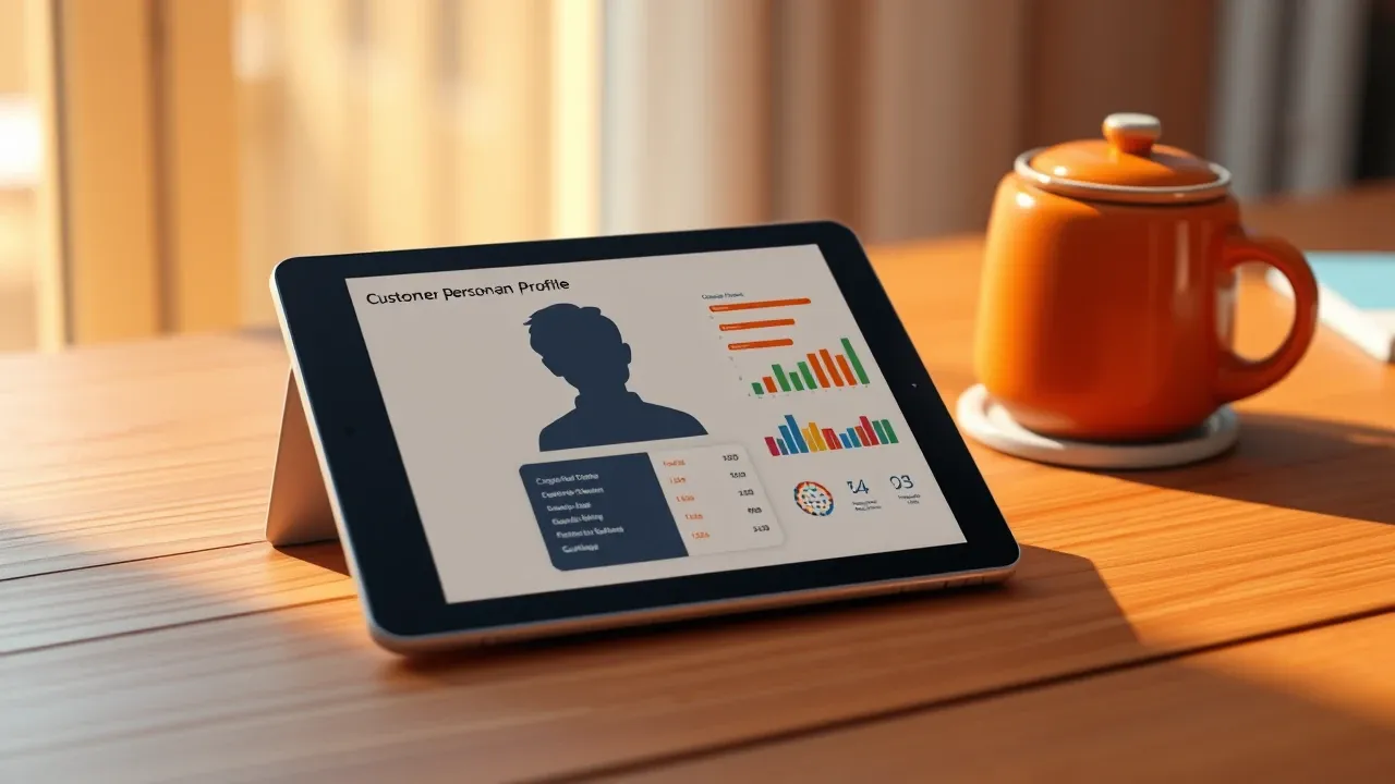 Tablet sobre mesa mostrando perfil de persona de cliente com silhouette e gráficos de dados