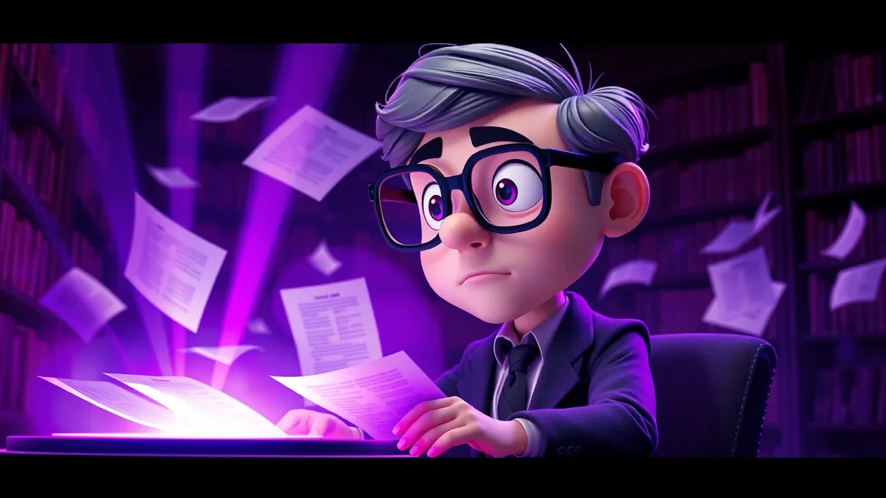 Advogado cartoon Pixar pesquisando em console holográfico com feixes de luz violet varrendo documentos jurídicos flutuantes, cena dramática