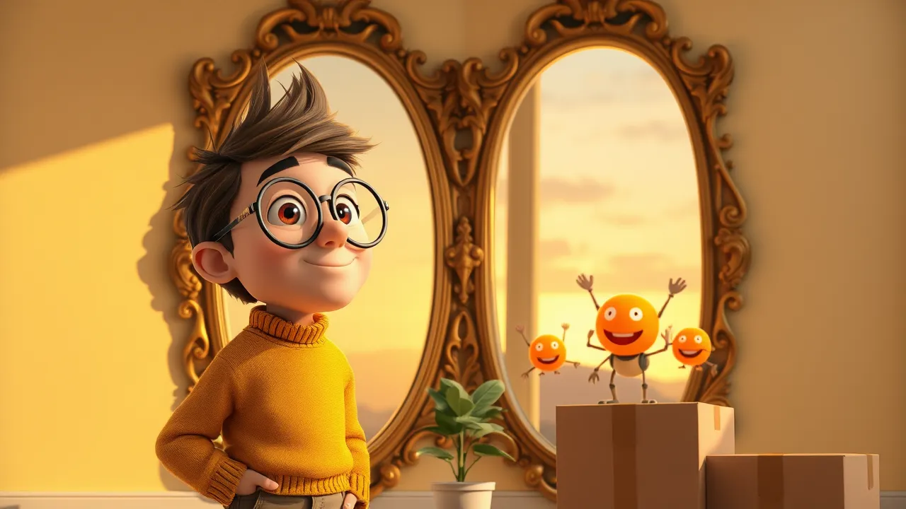 Personagem empreendedor de óculos redondos olhando emocionado pra um espelho onde aparece versão futura dele rodeada por agentes IA brilhantes