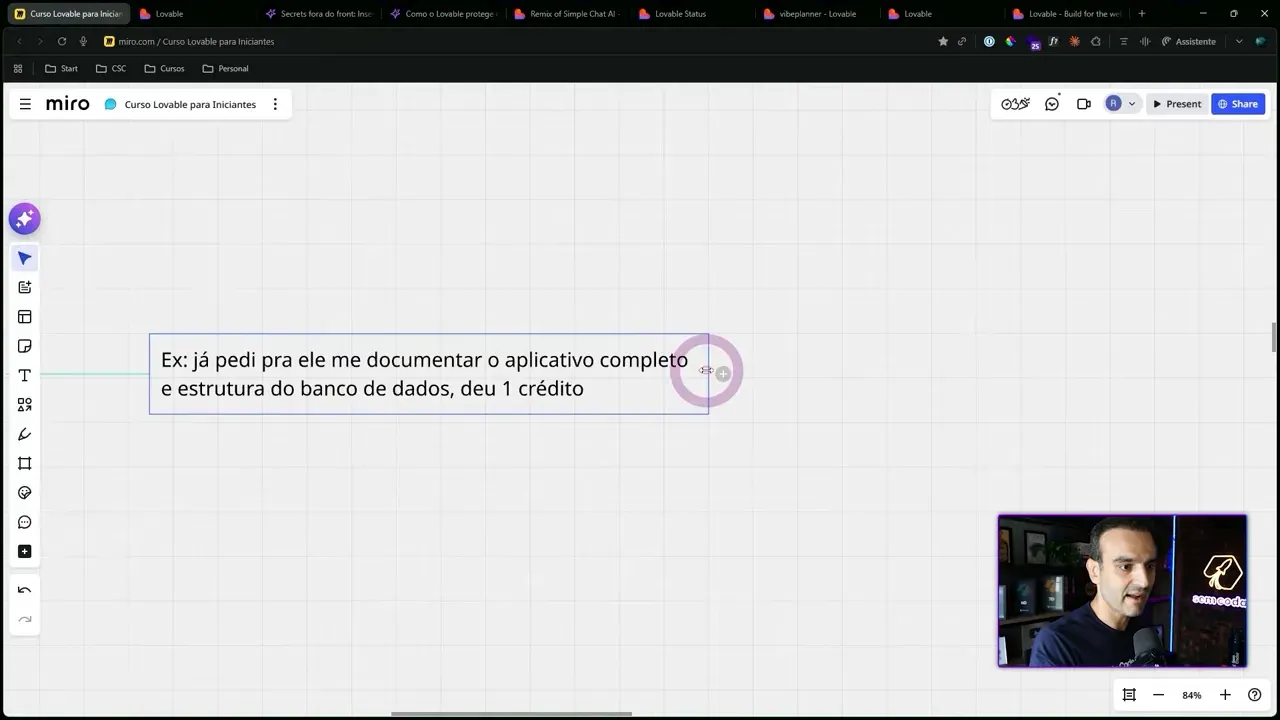 Quadro Miro com caixa de texto: Ex: já pedi pra ele me documentar o aplicativo completo ... deu 1 crédito