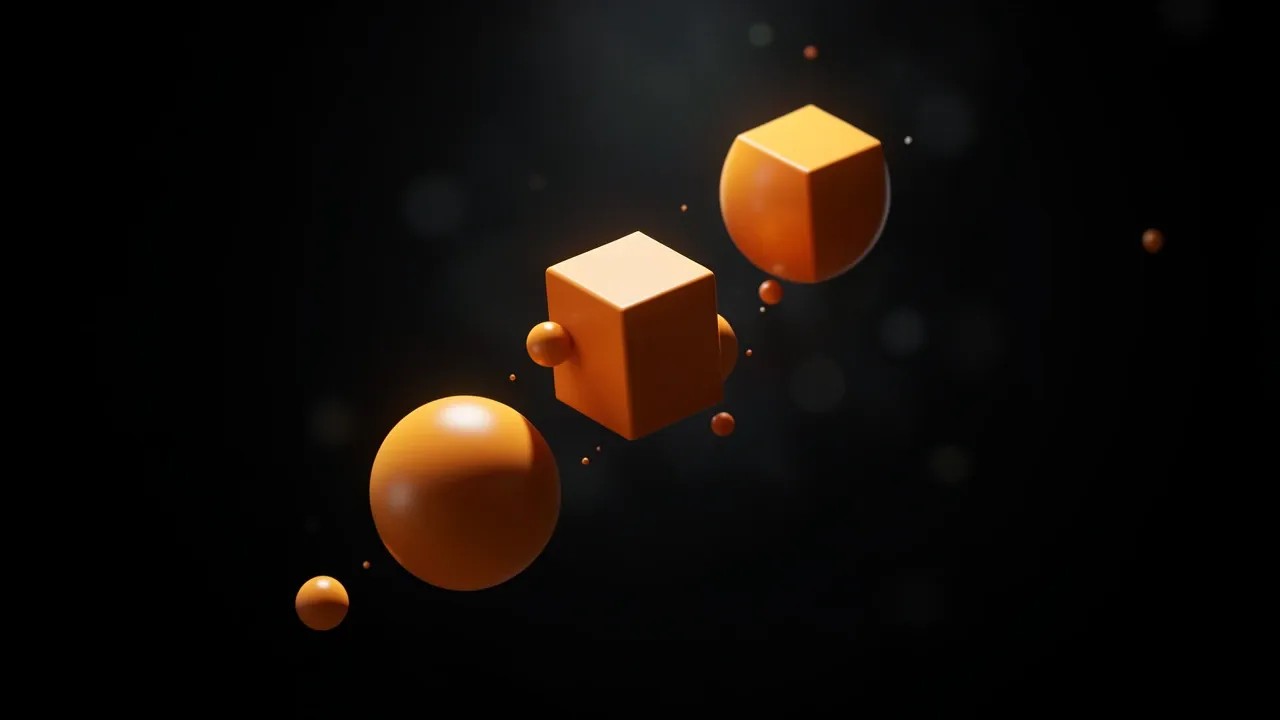 Formas geométricas laranja flutuando e se reorganizando no escuro