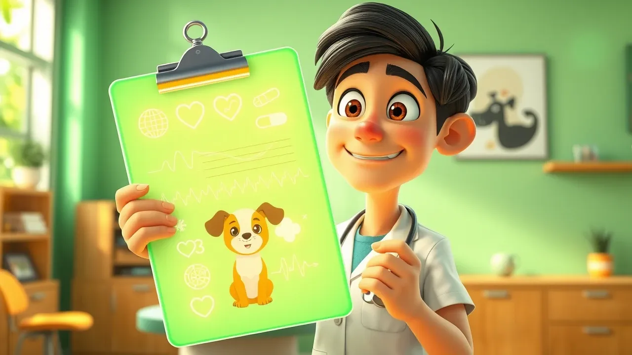 Veterinária registrando prontuário automatizado com IA em tablet durante consulta