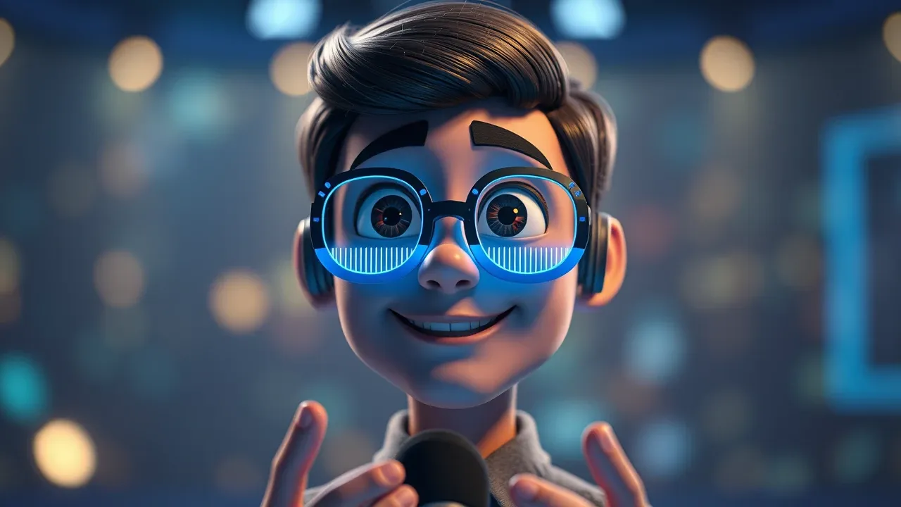 Avatar 3D hiper-realista apresentando em estúdio com hologramas de análise facial e sincronização labial azul brilhante
