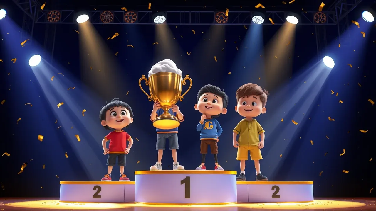 Pódio de competição com três personagens, primeiro lugar segurando troféu dourado e confete caindo