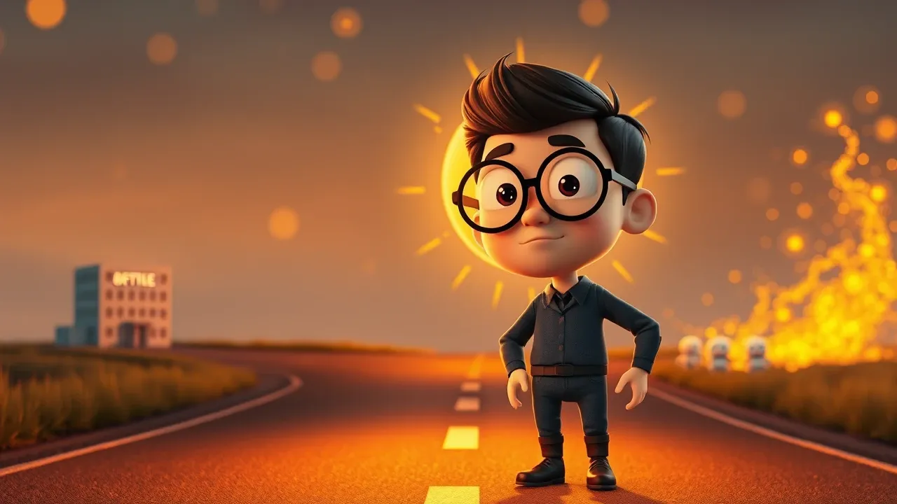 Funcionário Pixar em uma encruzilhada, um caminho para um escritório cinza diminuindo, outro para uma esfera de IA dourada brilhante no céu