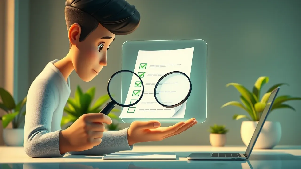 Pessoa revisando artigo com checklist flutuante e lupa, verificando dados, tom e originalidade