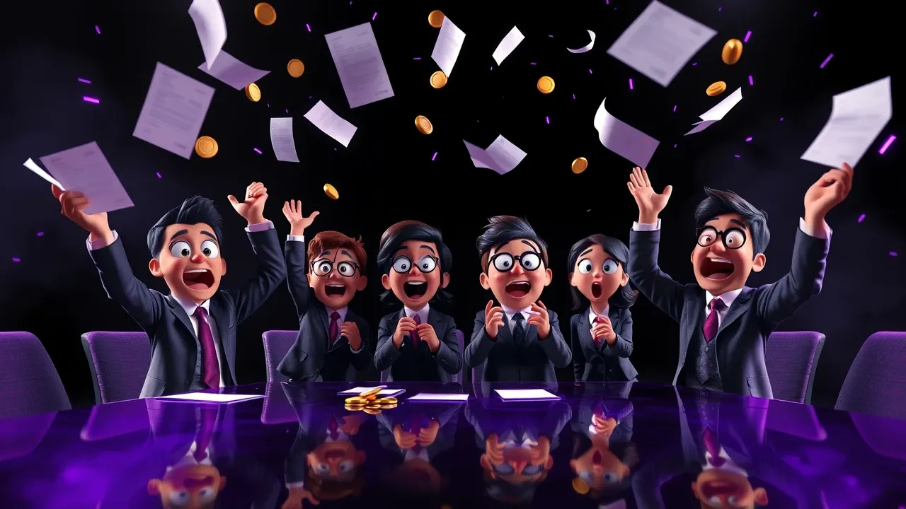 Grupo de personagens Pixar 3D em volta de um contrato enorme, expressões exageradas de espanto, um deles assinando com uma caneta que dispara faíscas violeta, fundo carvão dramático