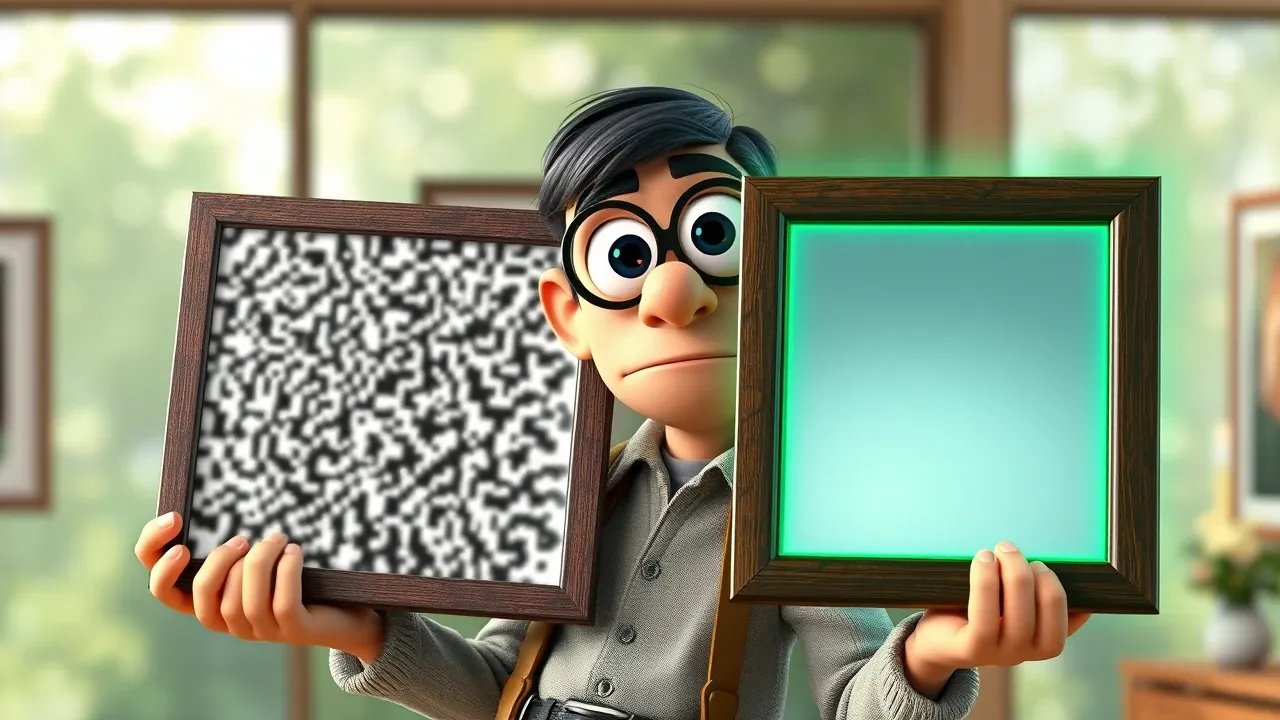 Personagem Pixar fotógrafo comparando foto granulada e foto nítida em molduras grandes, luz esmeralda dramática