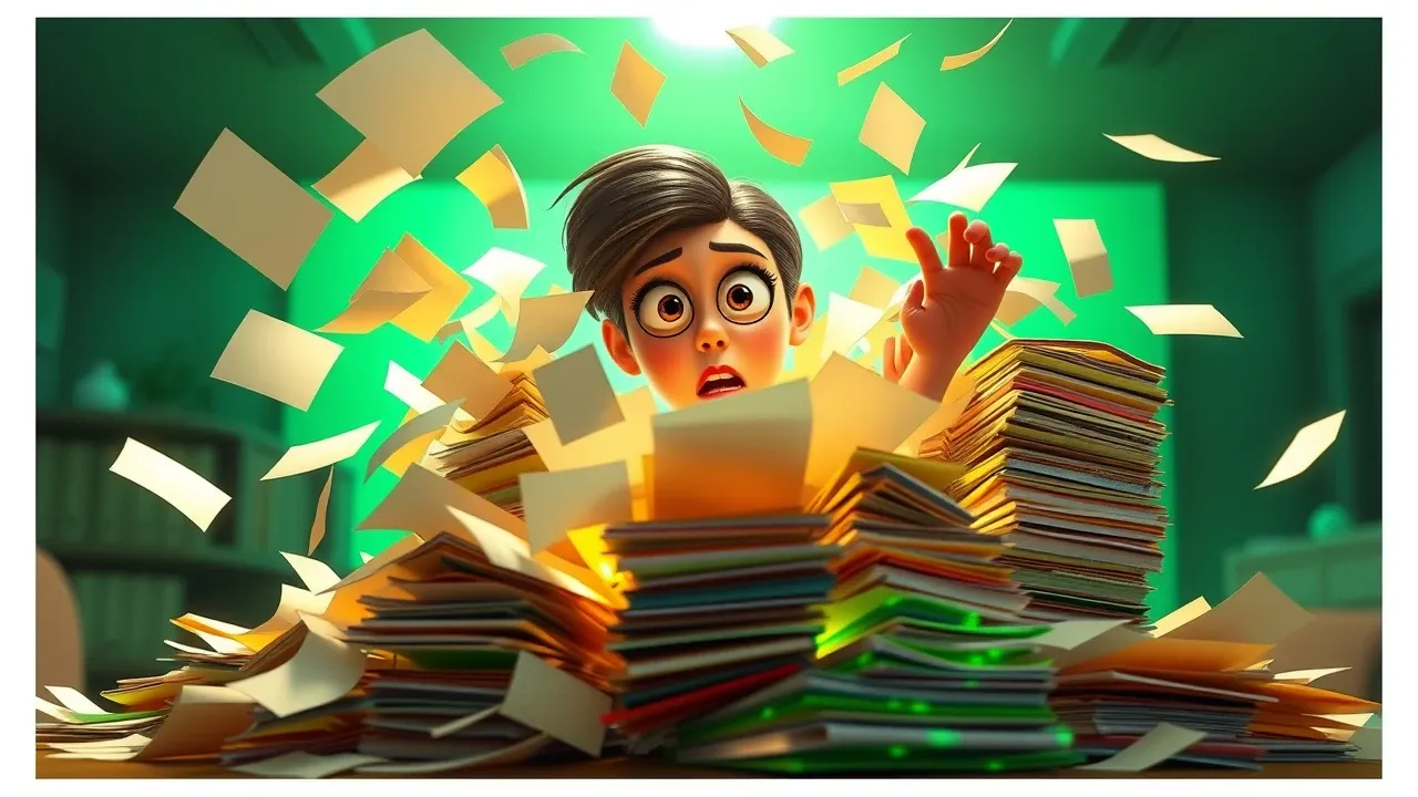 Gestora Pixar organizando pilha caótica de documentos em pastas verdes e iluminadas