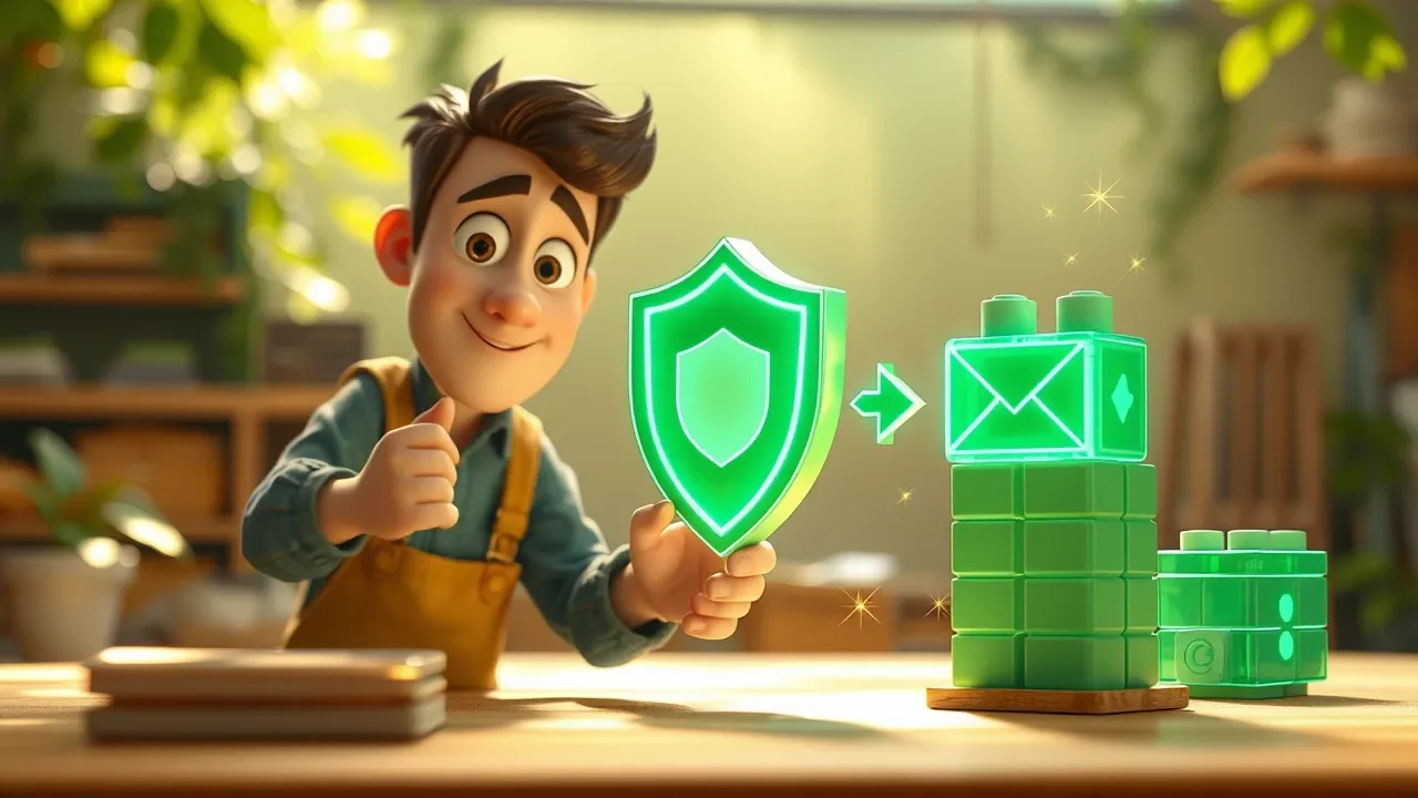 Personagem Pixar construindo infraestrutura digital conectando peças de Cloudflare e Resend, iluminação esmeralda suave e profissional