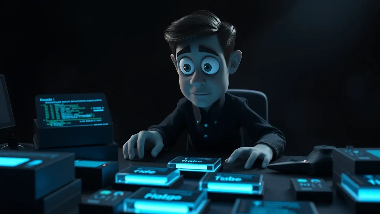 Criador Pixar organizando blocos de código e ferramentas em sequência lógica, iluminação carvão escura com acentos brancos e prateados