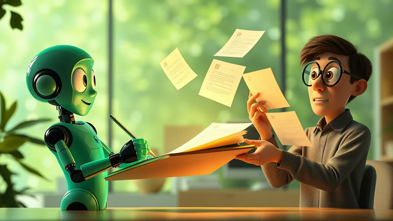 Assistente IA Pixar escrevendo documentos luminosos numa prancheta enquanto humanos descrevem o processo