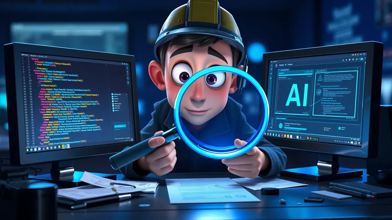Engenheiro Pixar olhando código e output da IA simultaneamente, identificando diferença com lupa luminosa azul