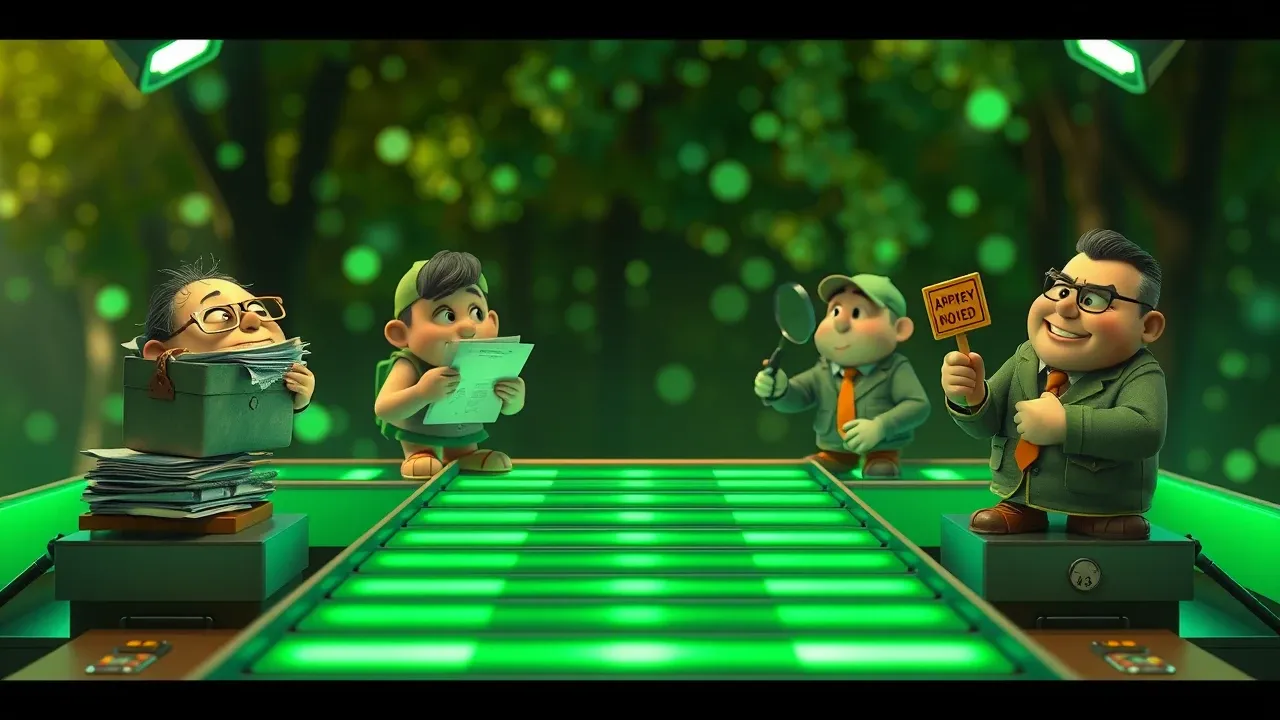 Quatro personagens Pixar em postos diferentes de uma linha de montagem de documentos, cada um iluminado por luz verde esmeralda