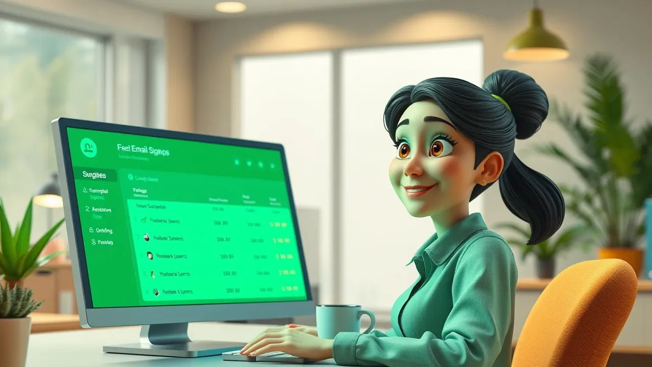 Criadora Pixar confiante com dashboard de leads aberto em tela, ambiente profissional com iluminação esmeralda serena