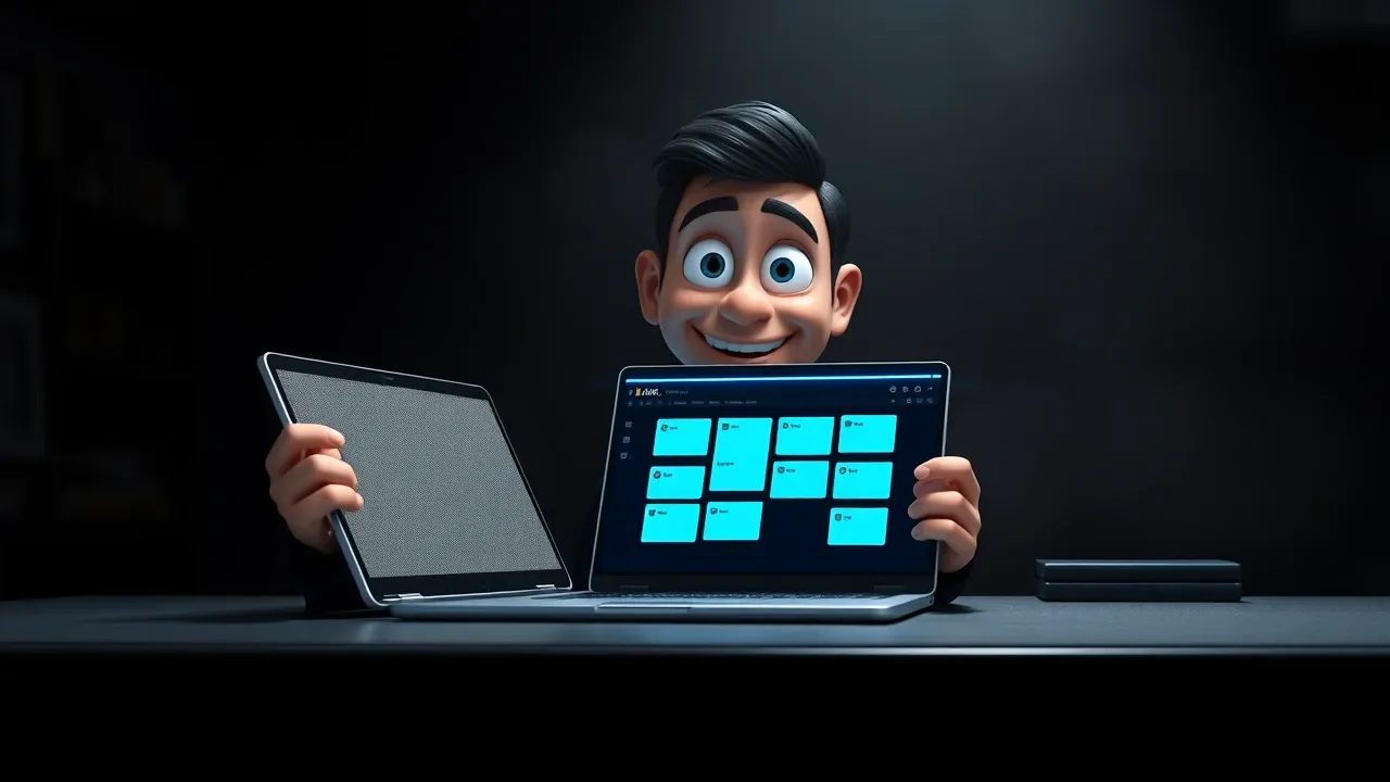 Criador Pixar confiante com laptop aberto mostrando app Kanban finalizado, ambiente escuro e elegante com iluminação carvão dramática