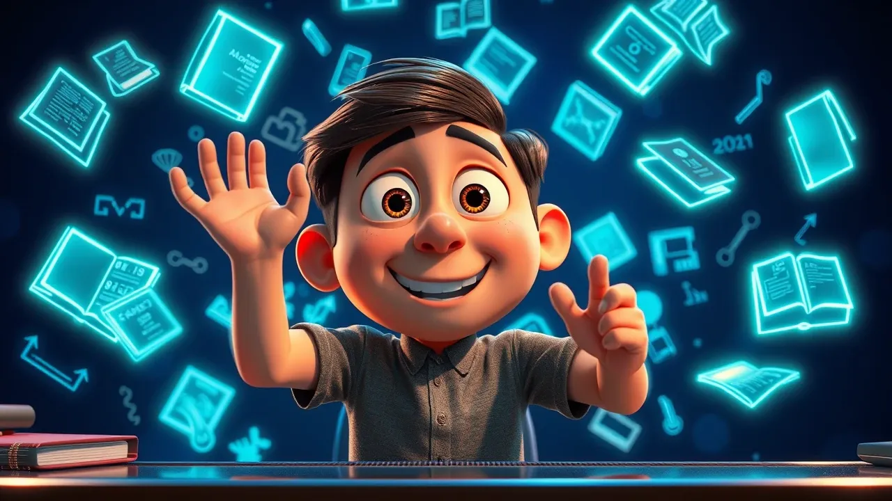 Personagem Pixar criador acumulando conhecimentos técnicos como livros flutuantes ao redor, expressão de surpresa positiva
