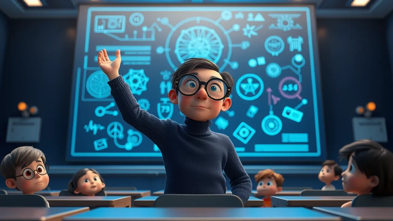 Cartoon de um pesquisador de IA dando aula com diagrama holográfico de rede neural ao fundo, expressão teatral confiante.