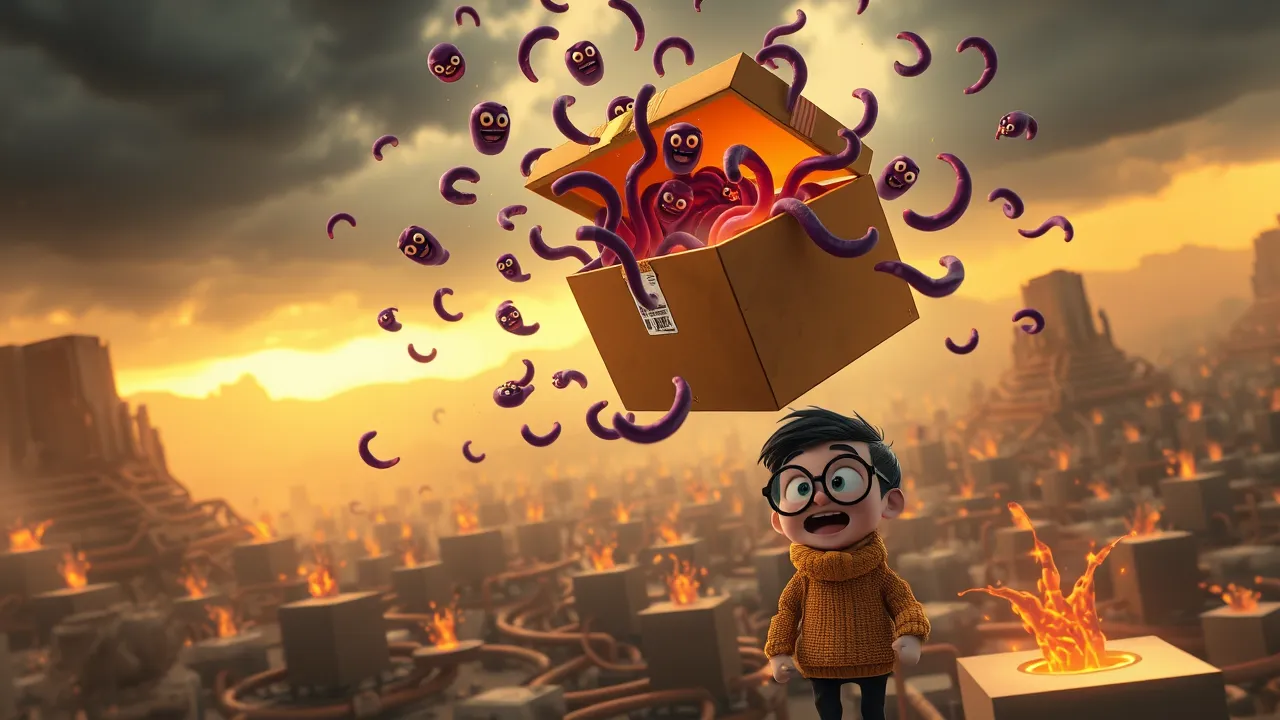 Ilustração de um pacote npm gigante se abrindo e liberando vermes digitais estilizados que se espalham por outros pacotes menores num cenário de laboratório dramático