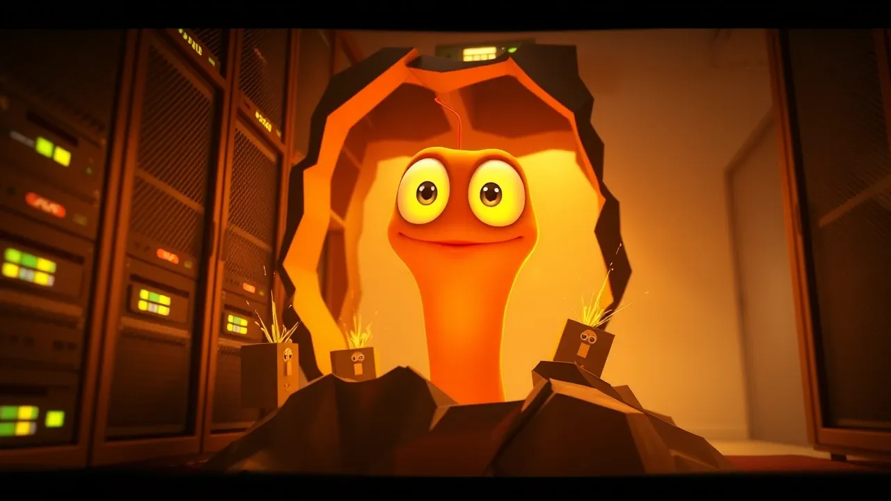 Personagem Pixar em pânico apontando para vermes digitais laranja emergindo de servidores e se espalhando por blocos de repositórios num cenário dramático de data center