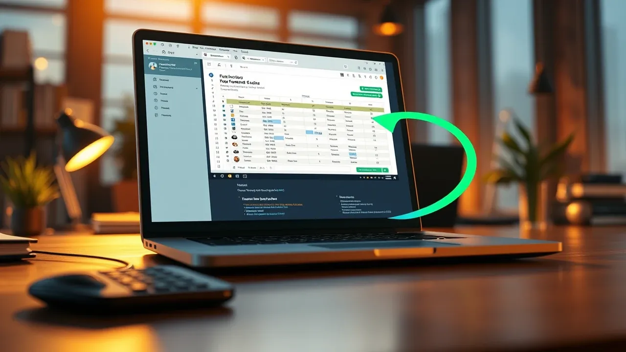 Tela de laptop mostrando planilha sendo enviada para assistente de inteligência artificial com setas indicando fluxo de dados e análise