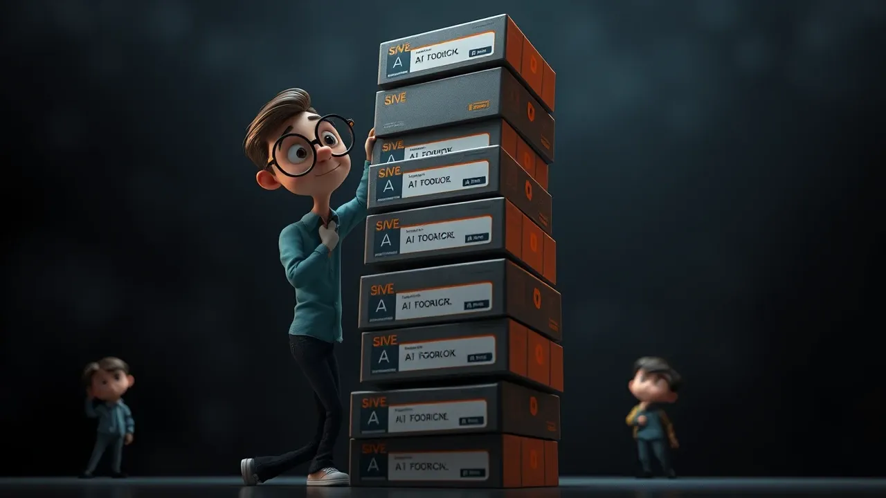 Ilustração Pixar 3D de empresário confuso diante de painel de IA com gráficos desconexos, estilo sage emerald