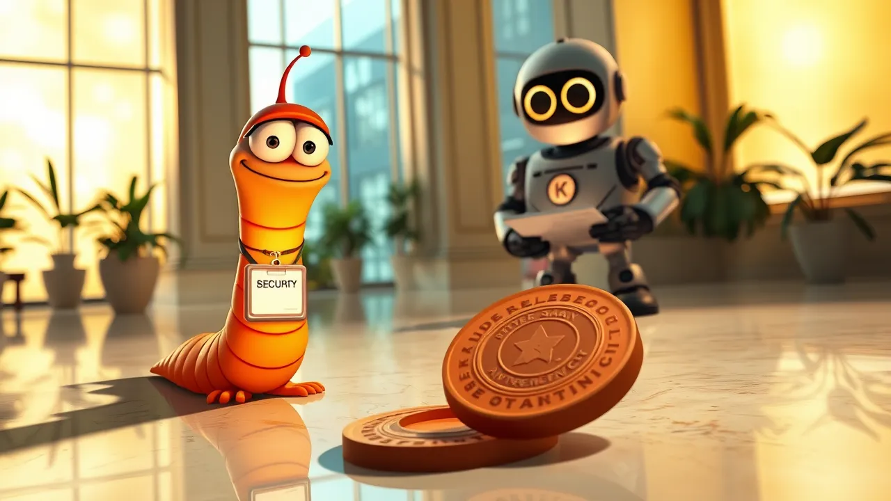 Verme cartoon com expressão presunçosa usando um crachá de segurança falso passando despercebido por um guarda confuso em estilo Pixar dramático