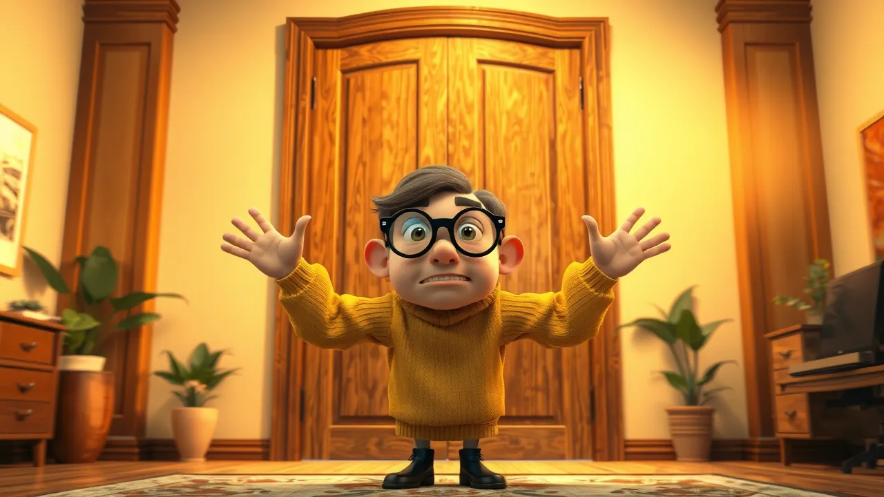 Personagem cartoon abrindo e fechando uma porta gigante com expressão confusa, em estilo Pixar dramático
