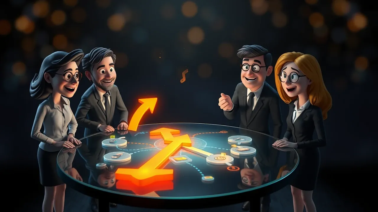 Ilustração Pixar 3D de equipe redirecionando fluxo de trabalho com setas e peças de processo, estilo sage emerald