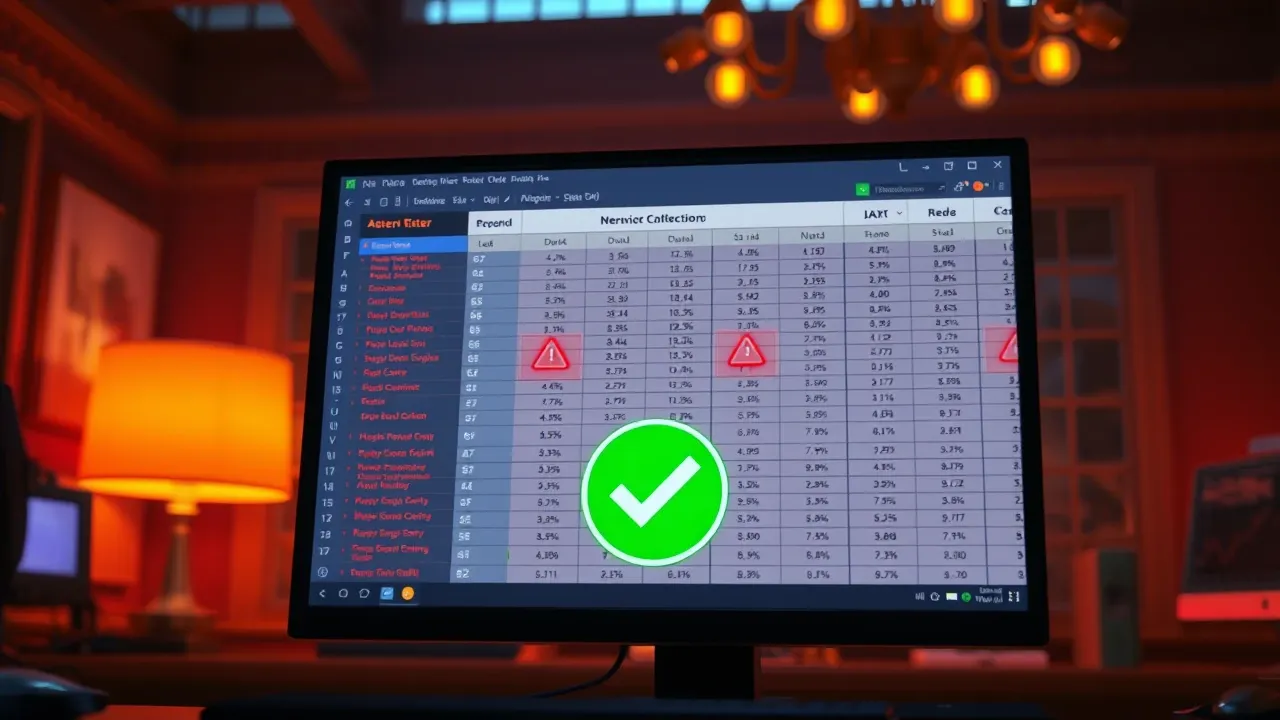 Tela de computador com alerta de erro sobre planilha com dados inconsistentes e ícone de inteligência artificial indicando correção