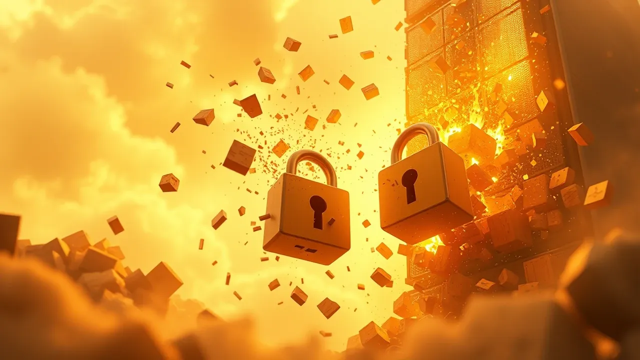 Blocos de repositórios digitais laranja e âmbar se fragmentando e caindo de uma torre de servidores em câmera lenta num cenário Pixar dramático