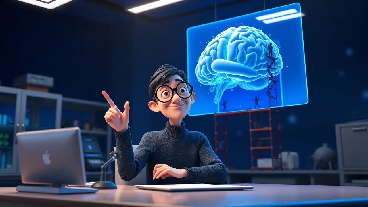 Cartoon de pesquisador num laboratório futurista tendo um momento eureka enquanto uma IA holográfica gigante ajuda a construir um cérebro de filamentos azuis.