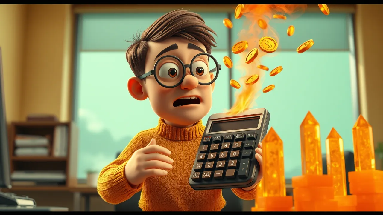 Personagem cartoon com calculadora gigante e olhos arregalados, moedas estilizadas voando, em estilo Pixar teatral