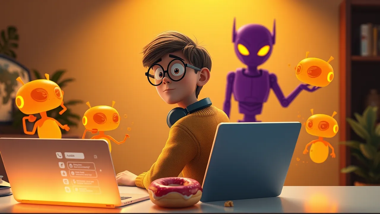 Personagem vibe coder com óculos redondos grandes em um escritório iluminado descobrindo uma sombra ameaçadora atrás de um dos seus assistentes de IA brilhantes em laranja, expressão Pixar de surpresa
