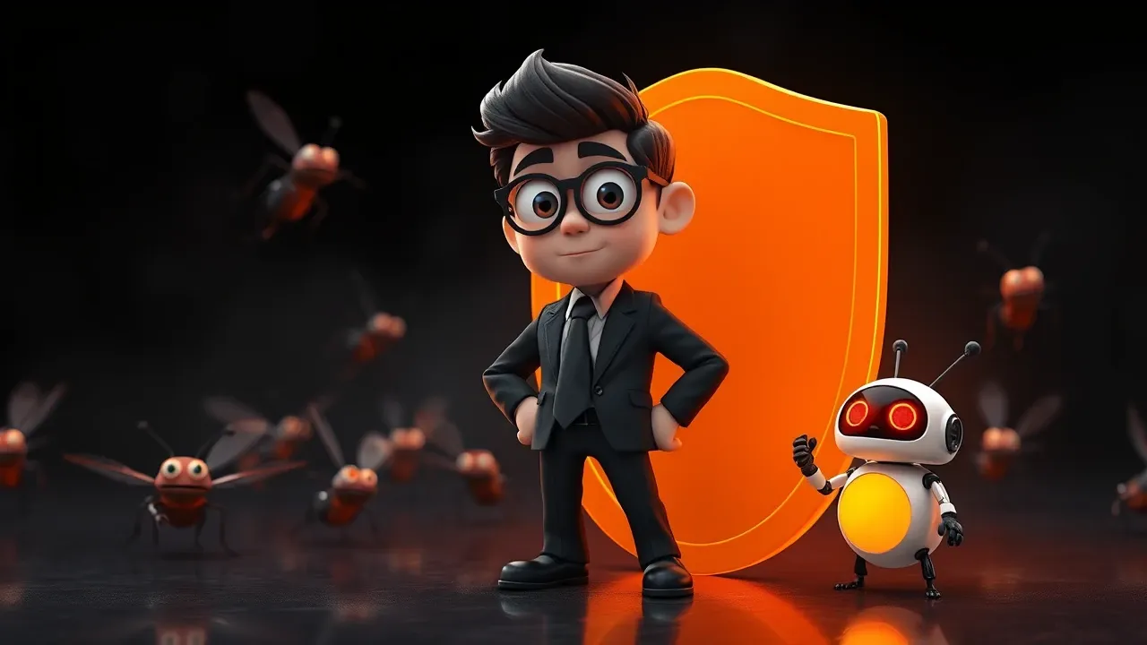 Dono de empresa confiante protegido por escudo laranja enquanto bugs tentam invadir sem sucesso, com robô de IA ao lado