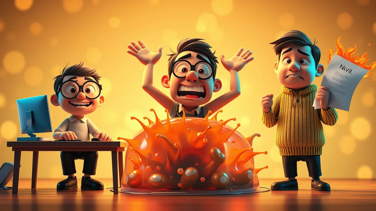 Três personagens cartoon em situações distintas: um relaxado no terminal, um suando no servidor, um olhando boleto, estilo Pixar