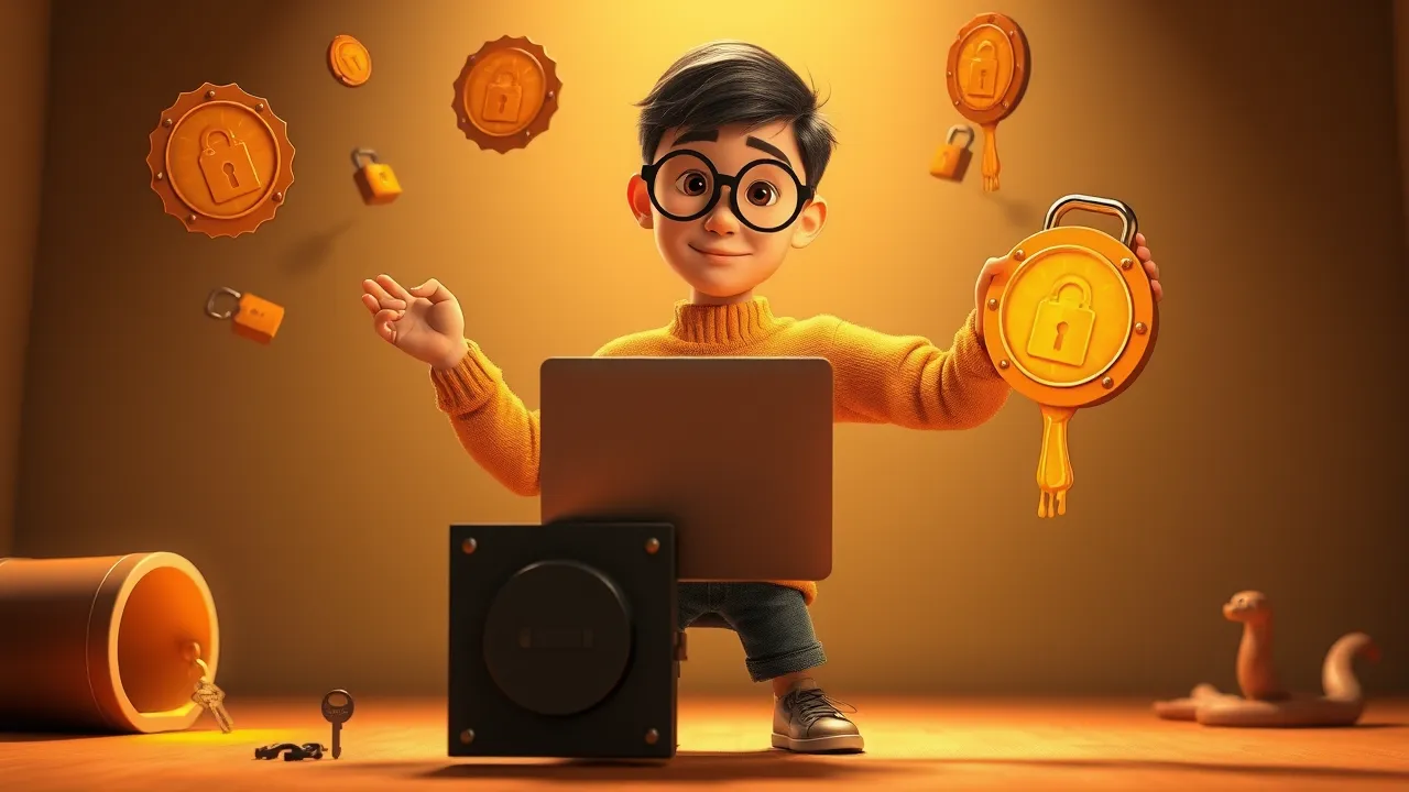 Vibe coder em pose teatral selando o laptop com cera dourada cartoon, levantando escudo brilhante laranja sobre certificados digitais, expressão confiante em estilo Pixar dramático